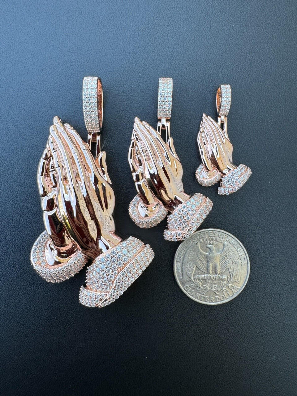 HarlemBling Moissanite Praying Folded Hands Pendant 14k Rose Gold 925 Silver Iced Necklace