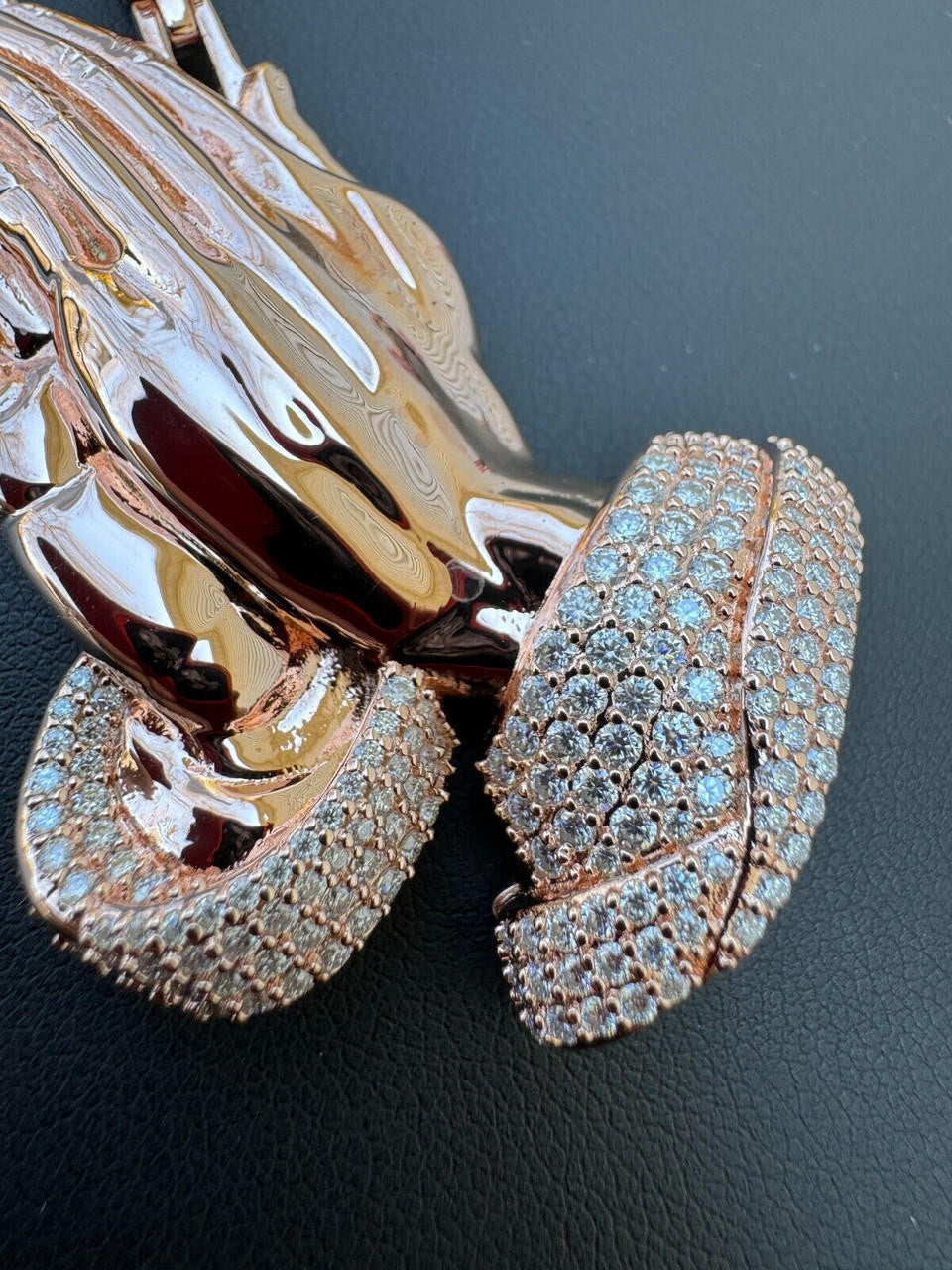 HarlemBling Moissanite Praying Folded Hands Pendant 14k Rose Gold 925 Silver Iced Necklace