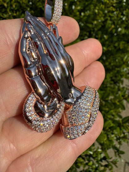 HarlemBling Moissanite Praying Folded Hands Pendant 14k Rose Gold 925 Silver Iced Necklace