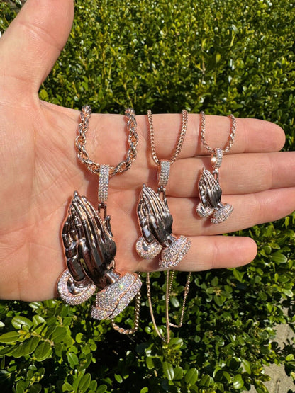 HarlemBling Moissanite Praying Folded Hands Pendant 14k Rose Gold 925 Silver Iced Necklace
