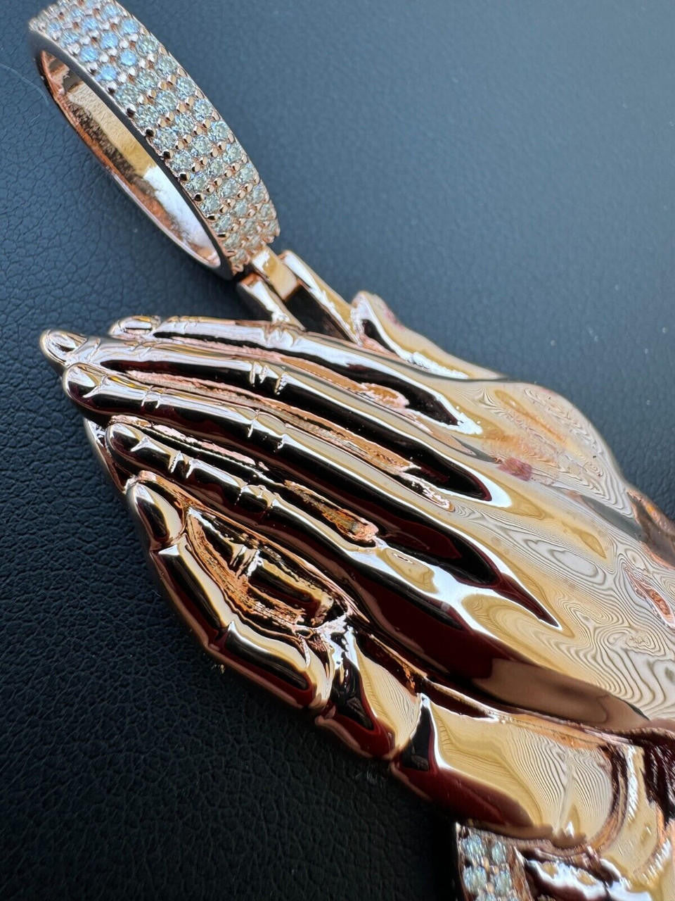 HarlemBling Moissanite Praying Folded Hands Pendant 14k Rose Gold 925 Silver Iced Necklace