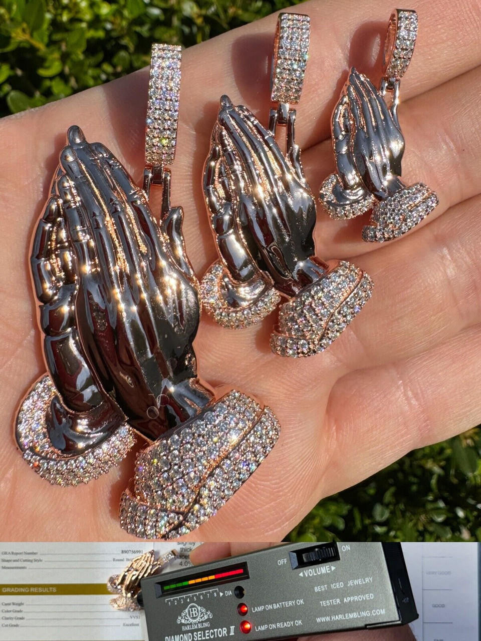HarlemBling Moissanite Praying Folded Hands Pendant 14k Rose Gold 925 Silver Iced Necklace