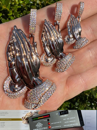 HarlemBling Moissanite Praying Folded Hands Pendant 14k Rose Gold 925 Silver Iced Necklace