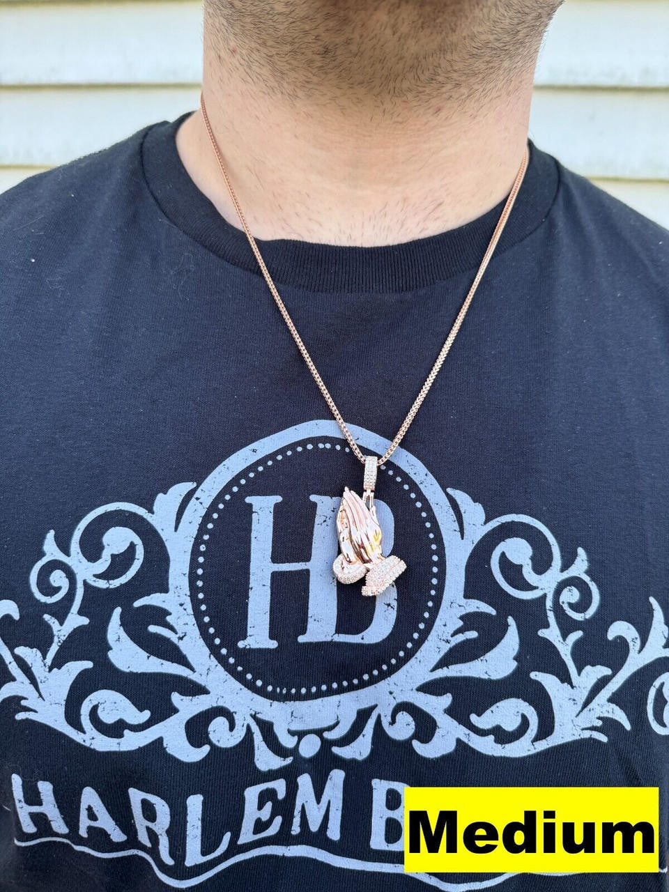 HarlemBling Moissanite Praying Folded Hands Pendant 14k Rose Gold 925 Silver Iced Necklace