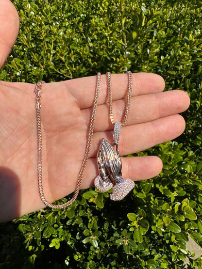 HarlemBling Moissanite Praying Folded Hands Pendant 14k Rose Gold 925 Silver Iced Necklace