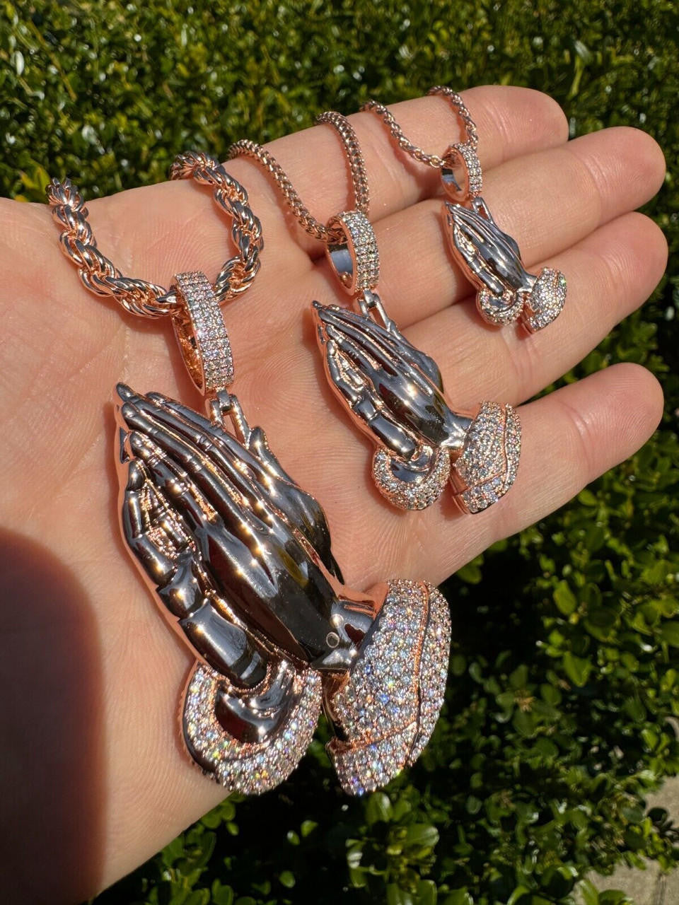 HarlemBling Moissanite Praying Folded Hands Pendant 14k Rose Gold 925 Silver Iced Necklace