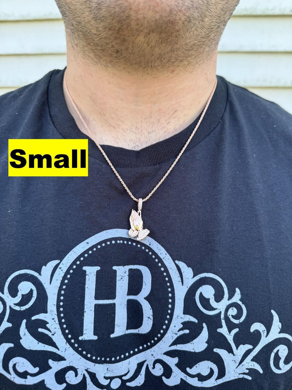 HarlemBling Moissanite Praying Folded Hands Pendant 14k Rose Gold 925 Silver Iced Necklace