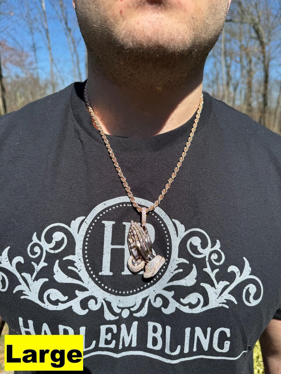 HarlemBling Moissanite Praying Folded Hands Pendant 14k Rose Gold 925 Silver Iced Necklace