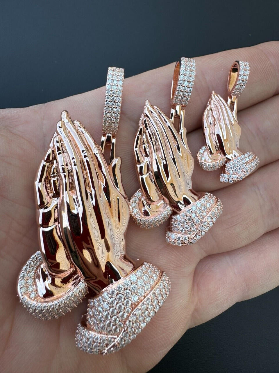 HarlemBling Moissanite Praying Folded Hands Pendant 14k Rose Gold 925 Silver Iced Necklace
