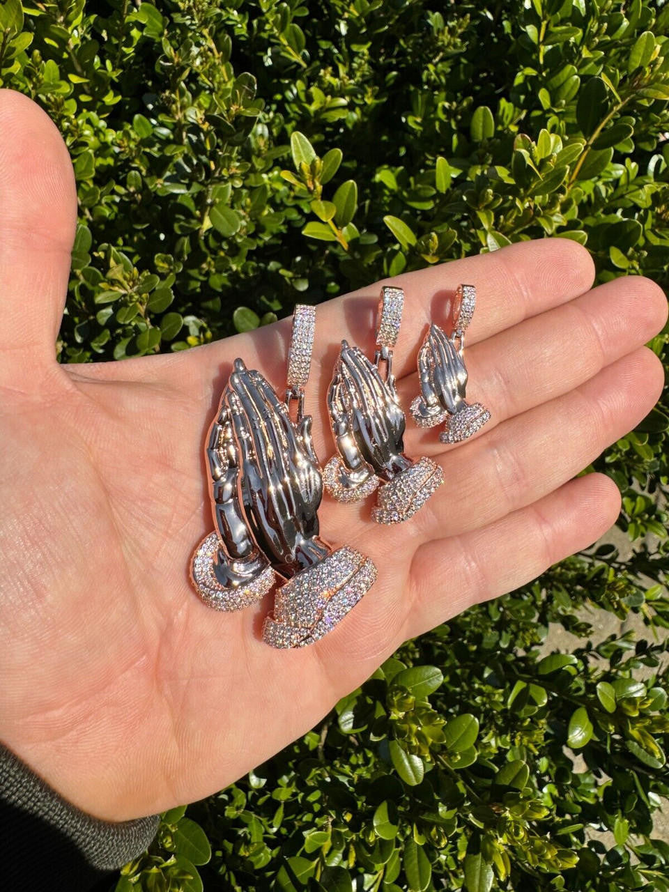 HarlemBling Moissanite Praying Folded Hands Pendant 14k Rose Gold 925 Silver Iced Necklace