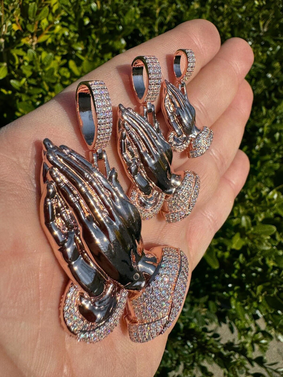 HarlemBling Moissanite Praying Folded Hands Pendant 14k Rose Gold 925 Silver Iced Necklace