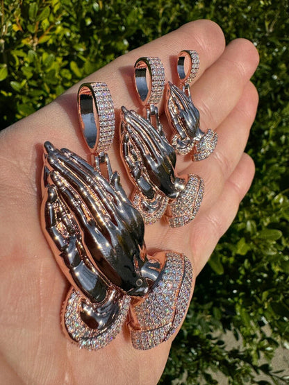 HarlemBling Moissanite Praying Folded Hands Pendant 14k Rose Gold 925 Silver Iced Necklace