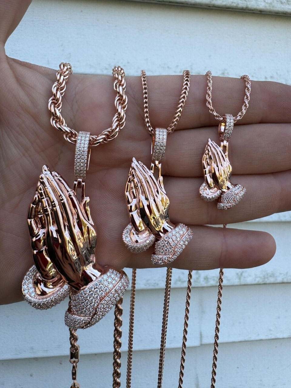 HarlemBling Moissanite Praying Folded Hands Pendant 14k Rose Gold 925 Silver Iced Necklace