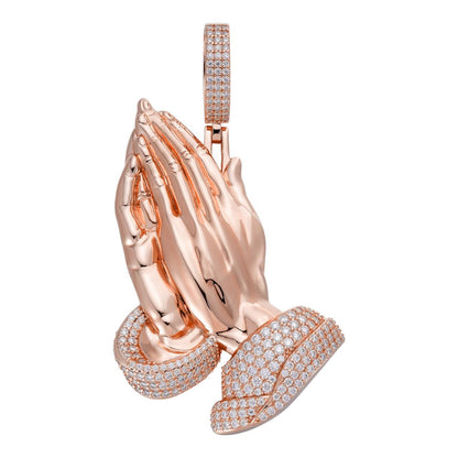 HarlemBling MOISSANITE Praying Folded Hands Religious Pendant - 14k Rose Gold Vermeil 925 Silver - 3 Sizes 1.25"-2.75"