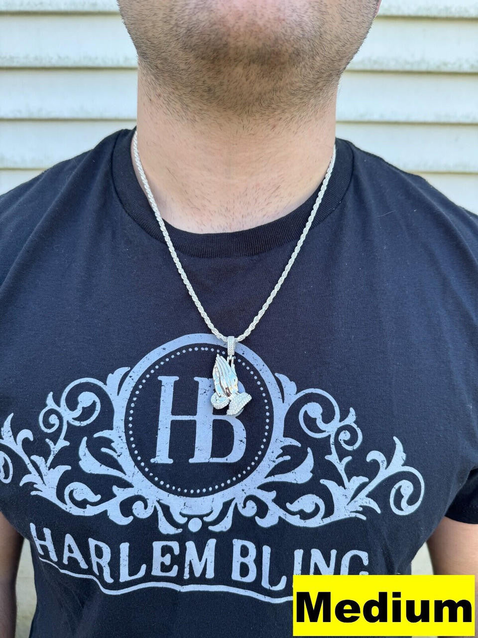HarlemBling Moissanite Praying Folded Hands Religious Pendant 925 Silver Iced Necklace