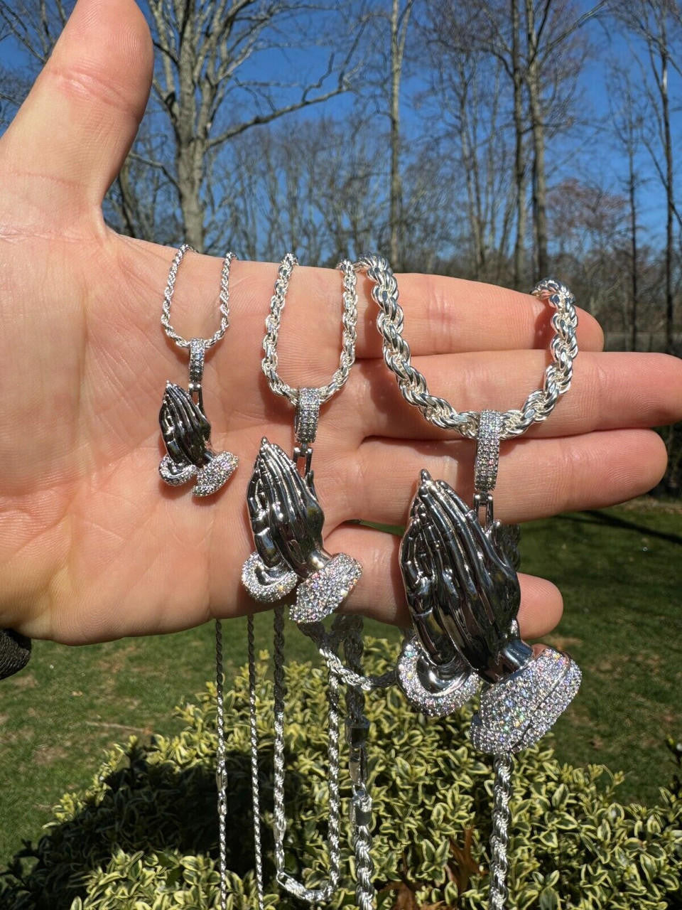 HarlemBling Moissanite Praying Folded Hands Religious Pendant 925 Silver Iced Necklace