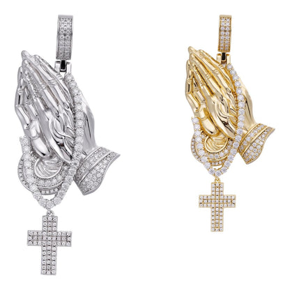 HarlemBling MOISSANITE Praying Hands Cross Pendant - 14k Gold Vermeil Or 925 Silver - Large 3"