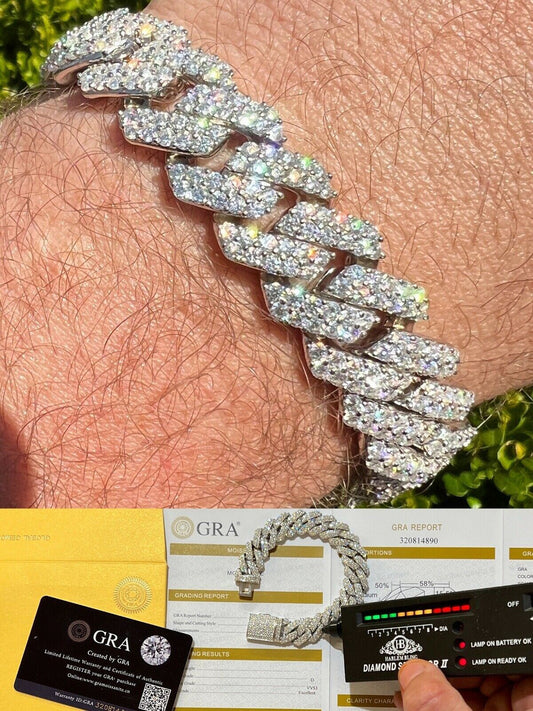 HarlemBling MOISSANITE Prong Cuban Link Bracelet 925 Silver Iced Pass Diamond Tester Hip Hop