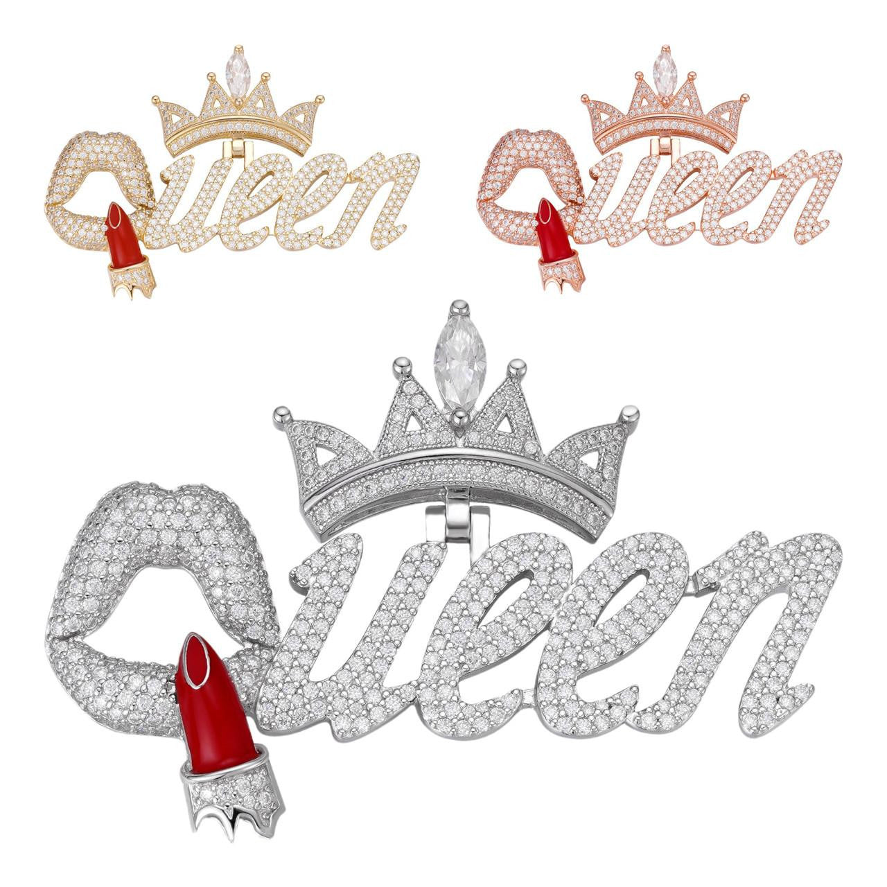 HarlemBling MOISSANITE Queen W. Crown & Lipstick Iced Out Pendant - 14k Yellow/Rose Gold Vermeil or 925 Silver - Large 2.5"