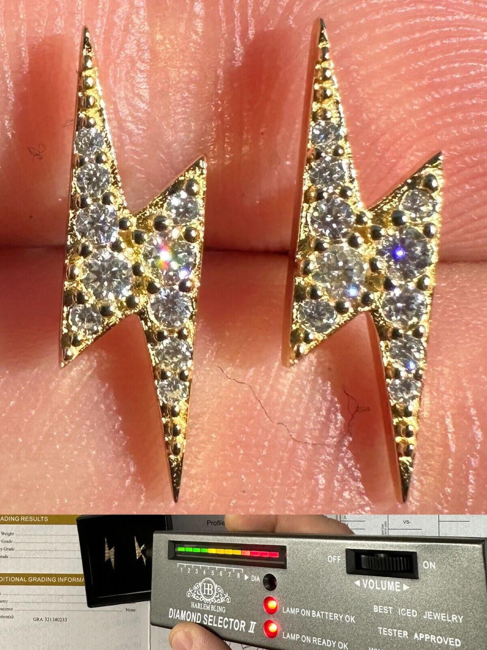 HarlemBling Moissanite Real 14k Gold Over 925 Silver Iced Hip Hop Lightning Bolt Earrings