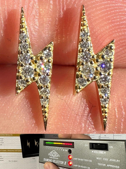 HarlemBling Moissanite Real 14k Gold Over 925 Silver Iced Hip Hop Lightning Bolt Earrings