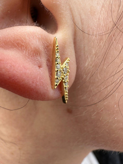 HarlemBling Moissanite Real 14k Gold Over 925 Silver Iced Hip Hop Lightning Bolt Earrings