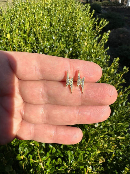 HarlemBling Moissanite Real 14k Gold Over 925 Silver Iced Hip Hop Lightning Bolt Earrings