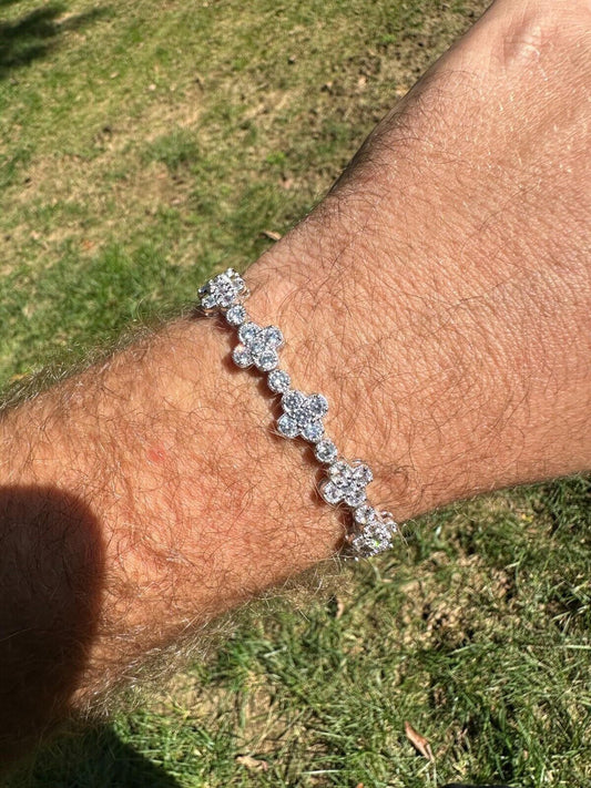 HarlemBling Moissanite Real 925 Silver 10mm Iced Clover Flower Tennis Bracelet Mens Ladies
