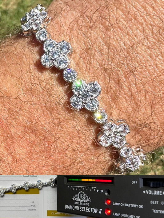 HarlemBling Moissanite Real 925 Silver 10mm Iced Clover Flower Tennis Bracelet Mens Ladies