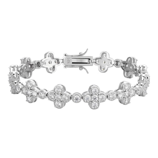 HarlemBling Moissanite Real 925 Silver 10mm Iced Clover Flower Tennis Bracelet Mens Ladies