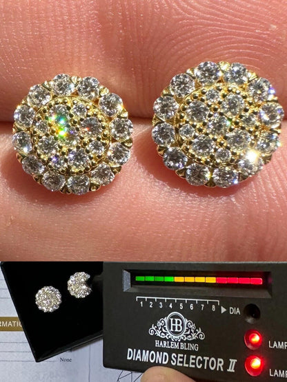 HarlemBling MOISSANITE Real 925 Silver 14k Gold Plated Iced Cluster Round Hip Hop Earrings