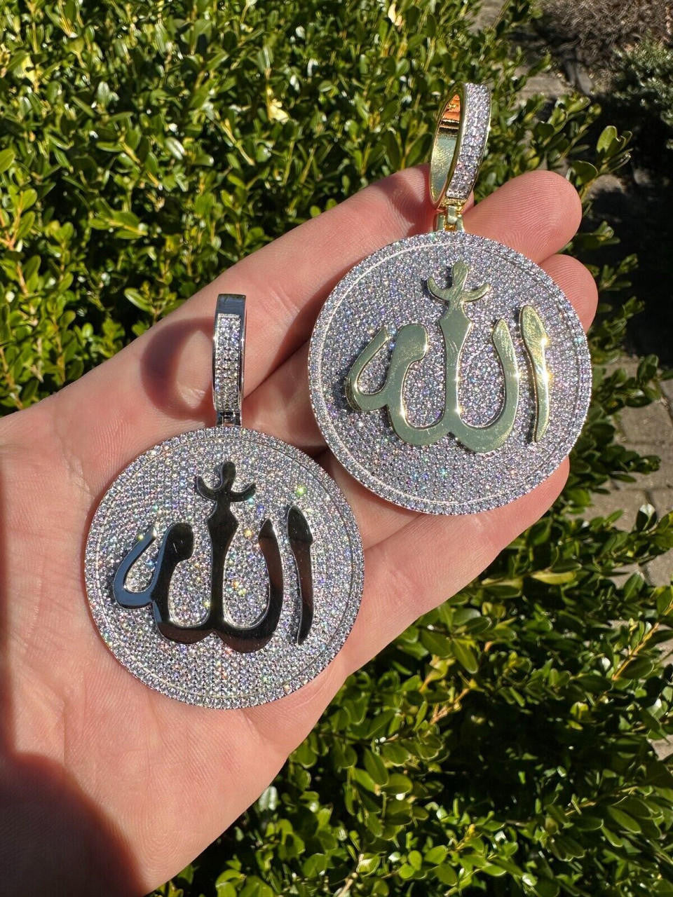 HarlemBling MOISSANITE Real 925 Silver / Gold Allah Medallion Arabic Necklace Pendant Iced