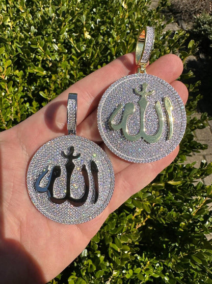 HarlemBling MOISSANITE Real 925 Silver / Gold Allah Medallion Arabic Necklace Pendant Iced