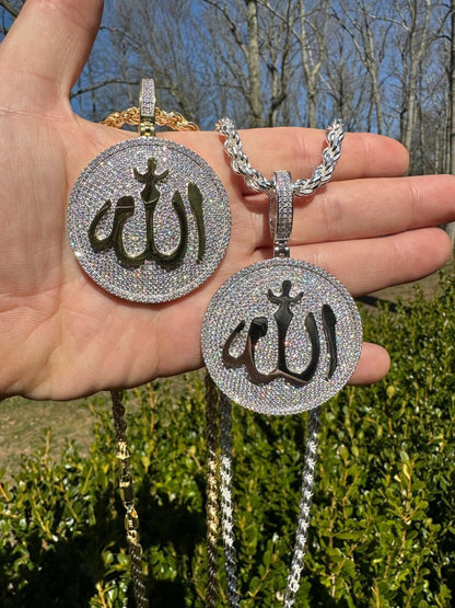 HarlemBling MOISSANITE Real 925 Silver / Gold Allah Medallion Arabic Necklace Pendant Iced