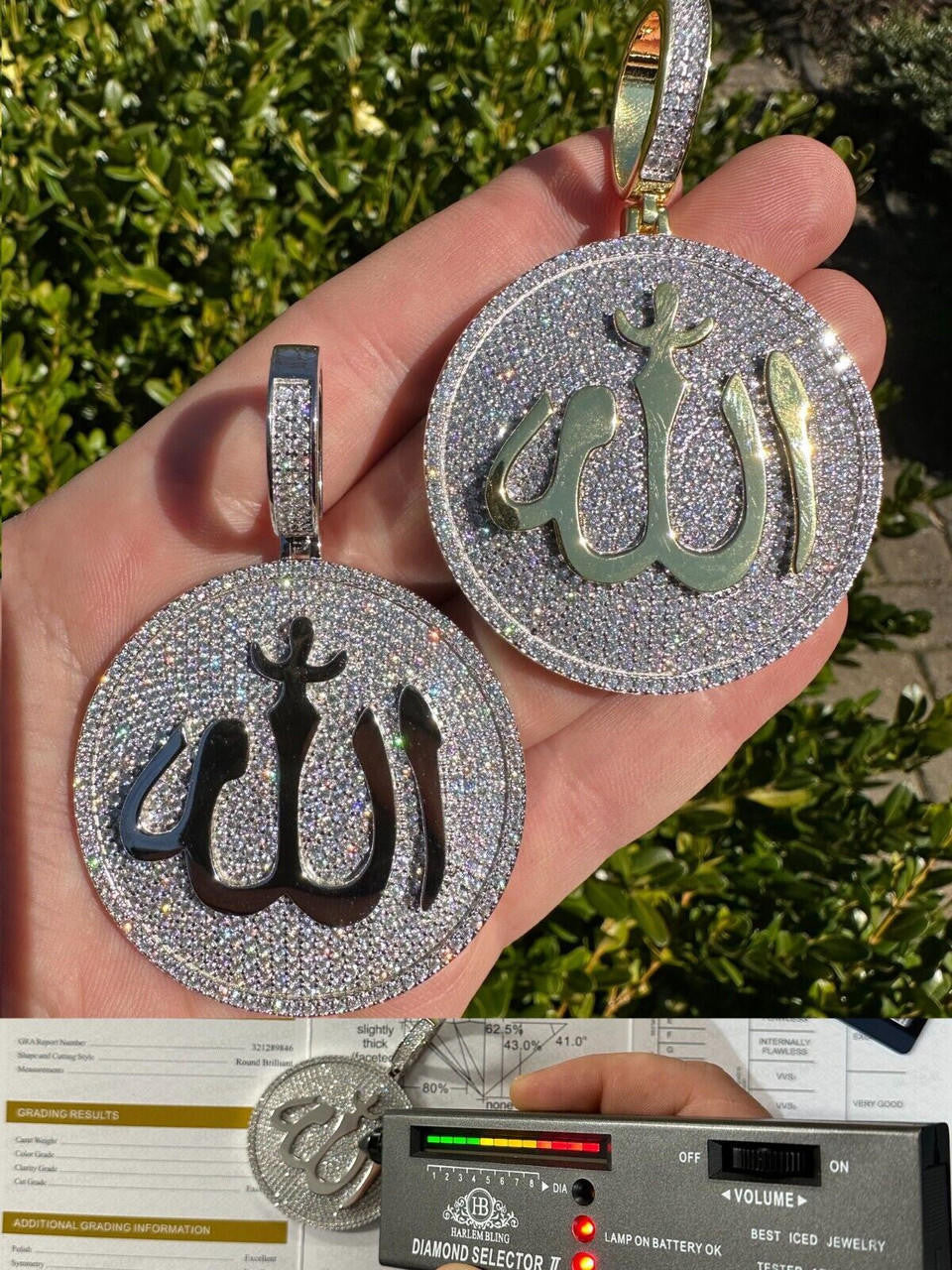 HarlemBling MOISSANITE Real 925 Silver / Gold Allah Medallion Arabic Necklace Pendant Iced