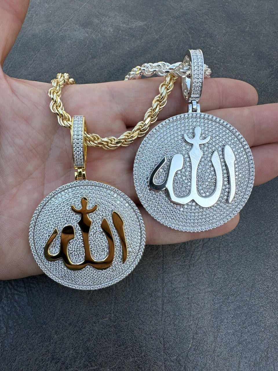 HarlemBling MOISSANITE Real 925 Silver / Gold Allah Medallion Arabic Necklace Pendant Iced