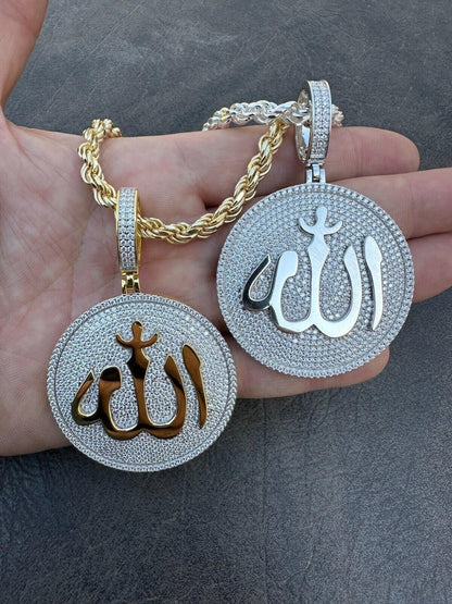 HarlemBling MOISSANITE Real 925 Silver / Gold Allah Medallion Arabic Necklace Pendant Iced
