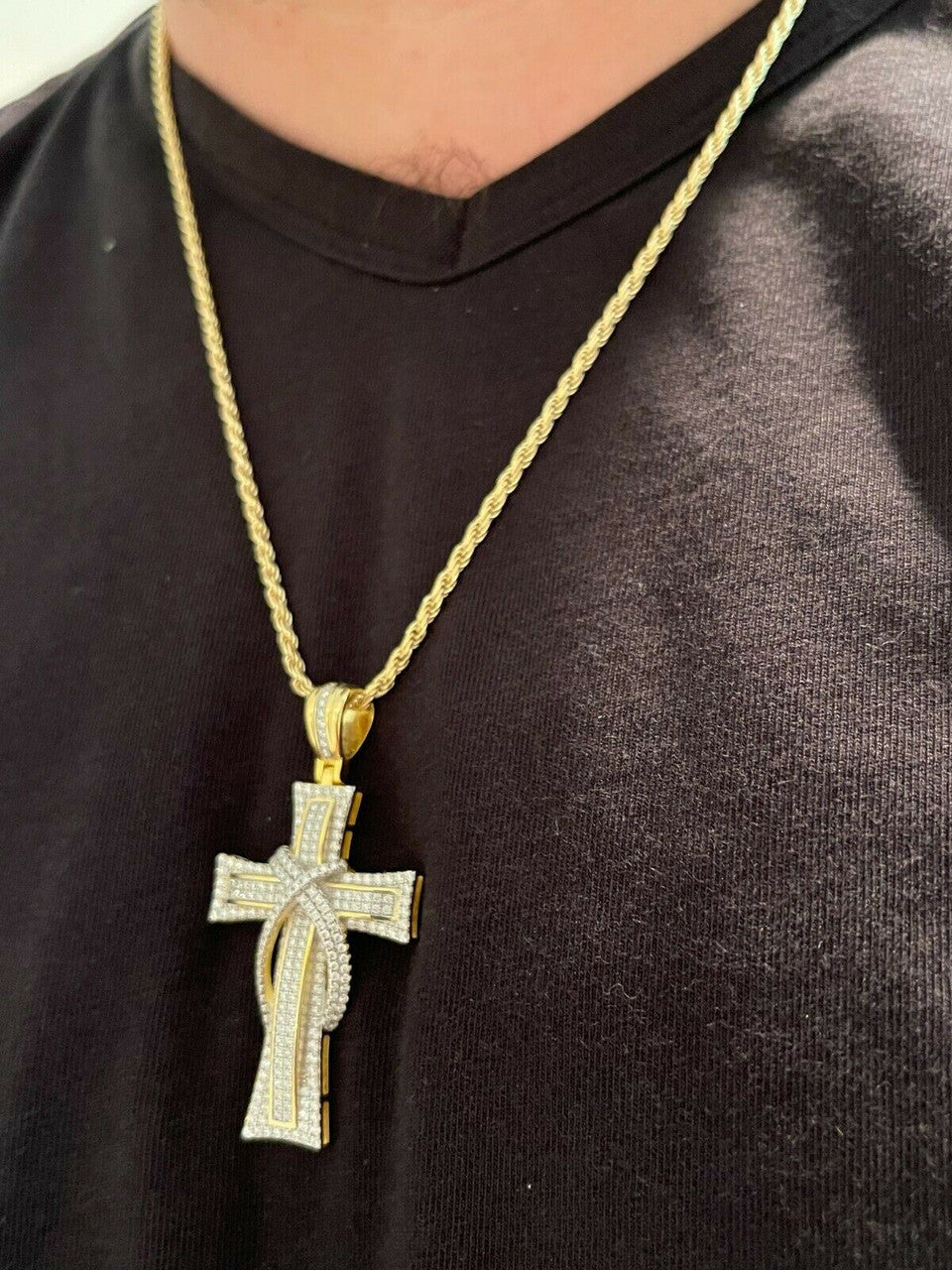 HarlemBling MOISSANITE Real 925 Silver Gold Cross Pendant Necklace Iced Pass Diamond Tester