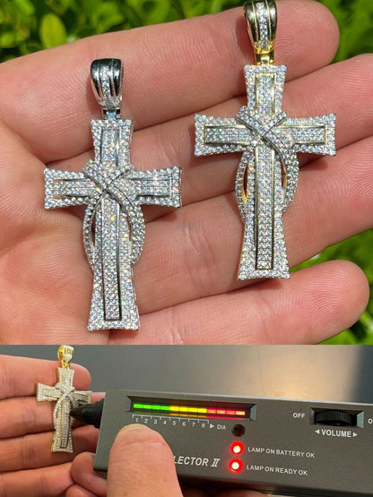 HarlemBling MOISSANITE Real 925 Silver Gold Cross Pendant Necklace Iced Pass Diamond Tester