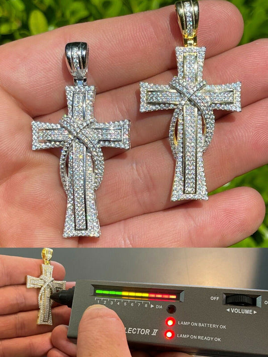 HarlemBling MOISSANITE Real 925 Silver Gold Cross Pendant Necklace Iced Pass Diamond Tester