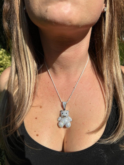 HarlemBling MOISSANITE Real 925 Silver / Gold Iced 3D Teddy Bear Pendant Hip Hop Necklace