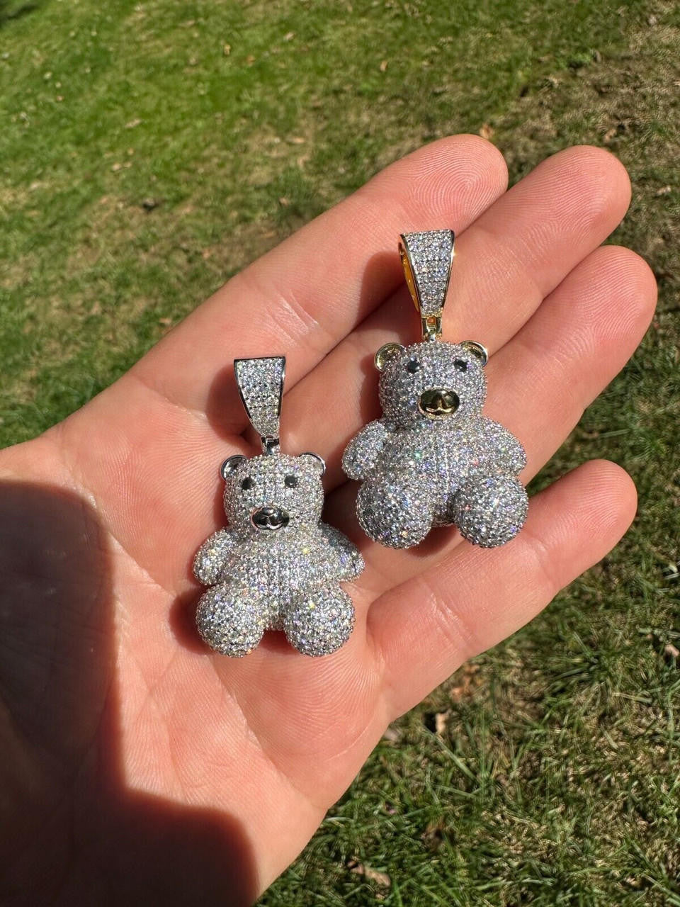 HarlemBling MOISSANITE Real 925 Silver / Gold Iced 3D Teddy Bear Pendant Hip Hop Necklace