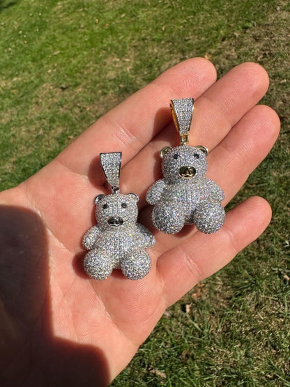 HarlemBling MOISSANITE Real 925 Silver / Gold Iced 3D Teddy Bear Pendant Hip Hop Necklace