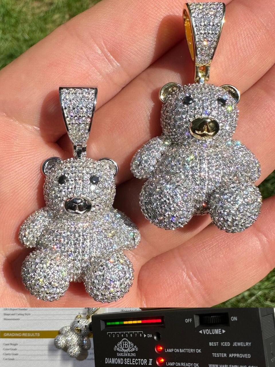 HarlemBling MOISSANITE Real 925 Silver / Gold Iced 3D Teddy Bear Pendant Hip Hop Necklace