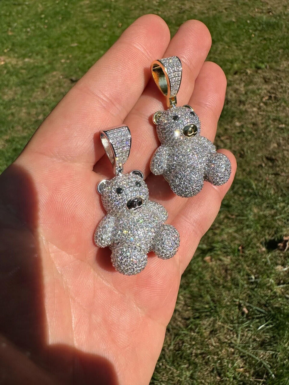 HarlemBling MOISSANITE Real 925 Silver / Gold Iced 3D Teddy Bear Pendant Hip Hop Necklace