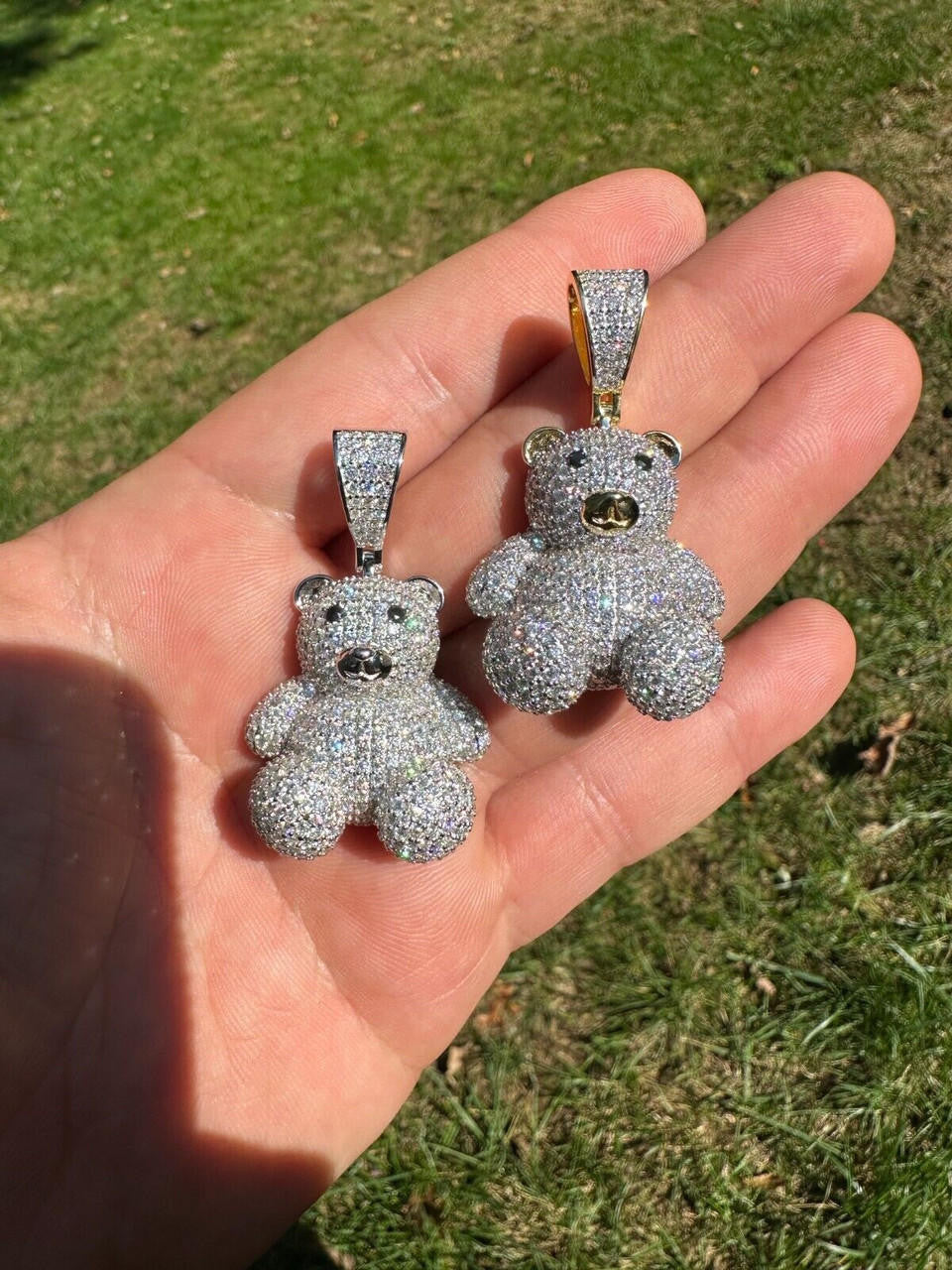 HarlemBling MOISSANITE Real 925 Silver / Gold Iced 3D Teddy Bear Pendant Hip Hop Necklace