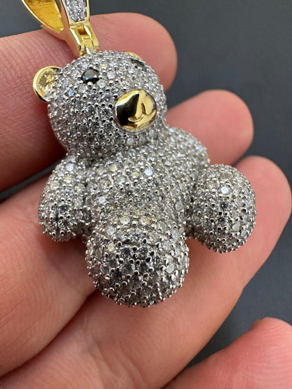 HarlemBling MOISSANITE Real 925 Silver / Gold Iced 3D Teddy Bear Pendant Hip Hop Necklace