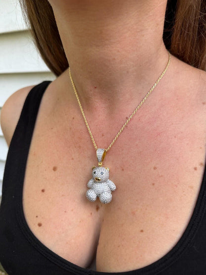 HarlemBling MOISSANITE Real 925 Silver / Gold Iced 3D Teddy Bear Pendant Hip Hop Necklace