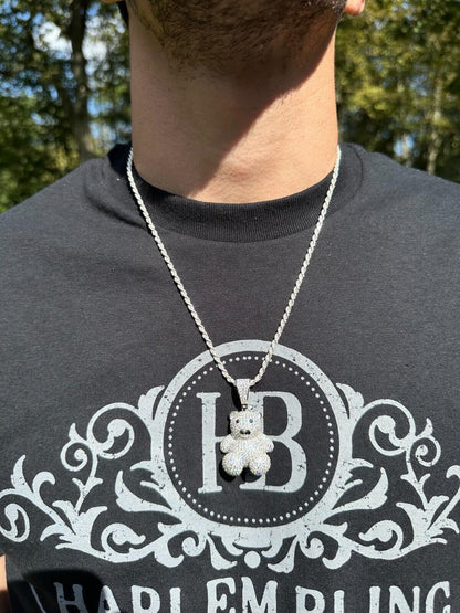 HarlemBling MOISSANITE Real 925 Silver / Gold Iced 3D Teddy Bear Pendant Hip Hop Necklace