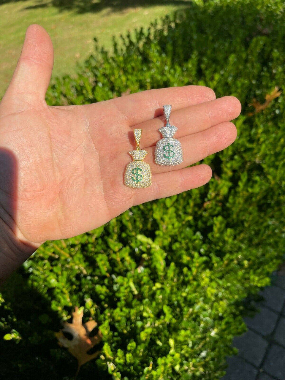 HarlemBling MOISSANITE Real 925 Silver/ Gold Money Bag Dollar Pendant Iced Pass Diamond Test